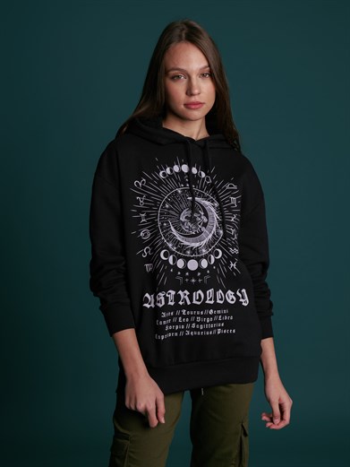 Kapüşonlu Astrology Baskılı Şardonlu Sweatshirt